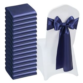 Satin Chair Sashes Bows, 50PCS Chair Ribbon Ties Back Sash, 7 x 108 inch, Navy Blue Wedding Reception Decoration