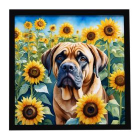 Mastiff in Sunflowers Framed Metal Print Bathroom, Kitchen, Office, Home Decor Wall Art Ready to Hang, Square, 8X8