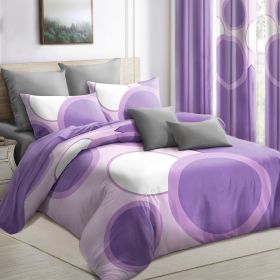 9-Piece Purple Geometric Circle Bedding & Curtain Set (Queen/King/Cal King) - Quilted Microfiber Bedspread + Sheer Curtains (Color: Purple Dot, size: KING)